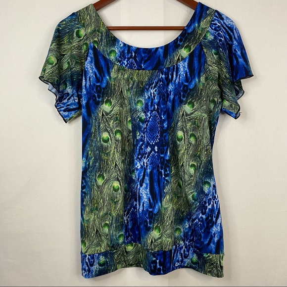 SUZIE COUTURE Short Sleeve Blouse Peacock Python Blue Green Crochet Size Small - Picture 8 of 9